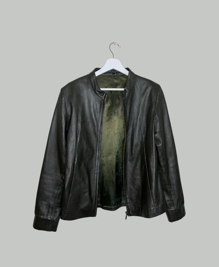 khaki leather bomber jacket