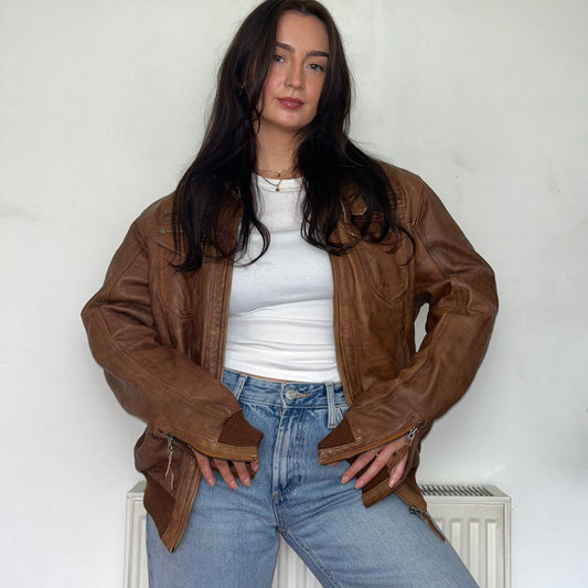 Tan Brown Vintage Leather Bomber Jacket