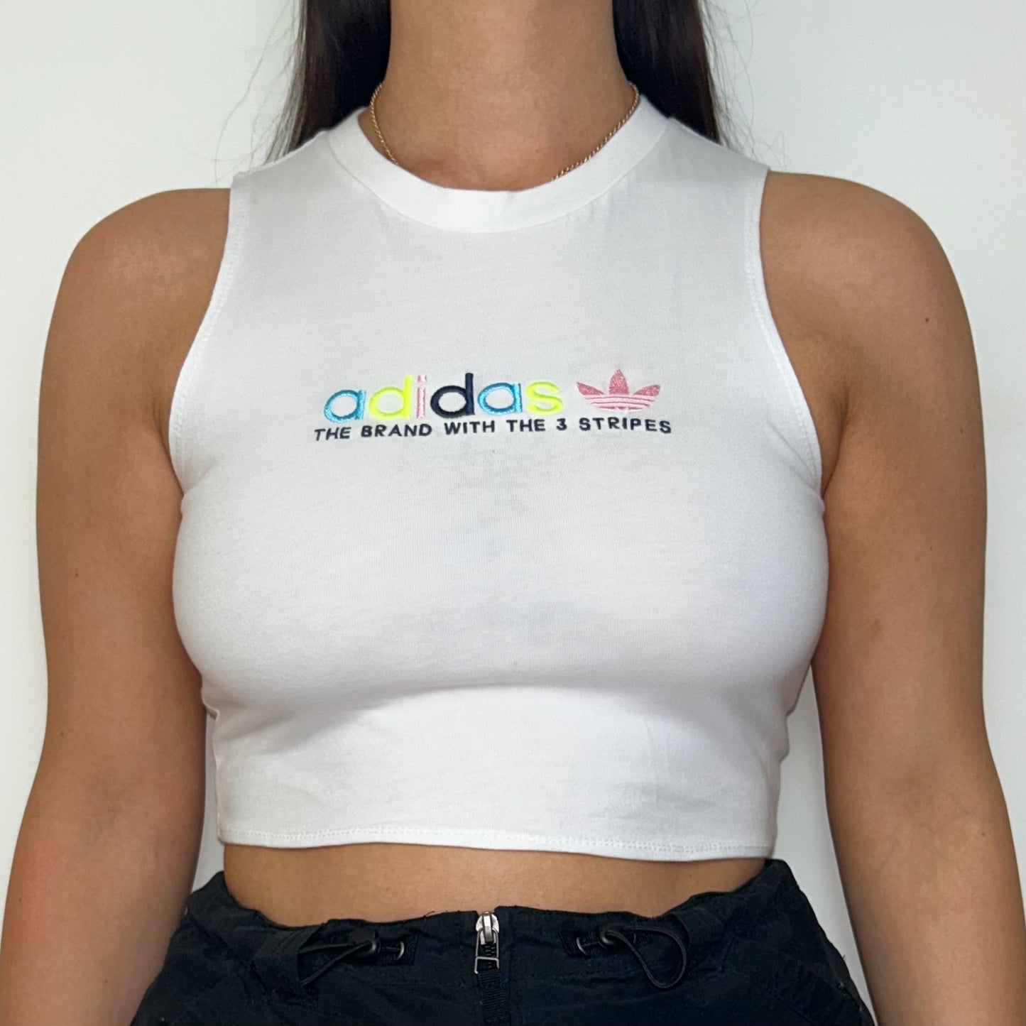 Reworked White Adidas Spell Out Tank Crop Top - Size M
