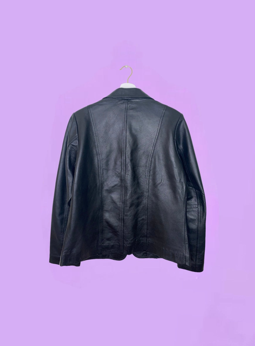 back of a black real leather blazer jacket shown on a lilac background